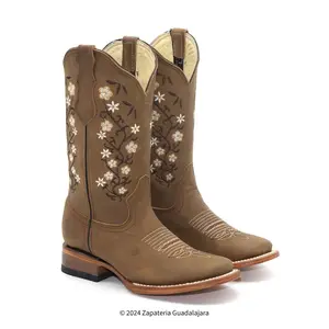 Women's Wide Square Toe Crazy Tan Embroidered Leather Boot-H22M2631F