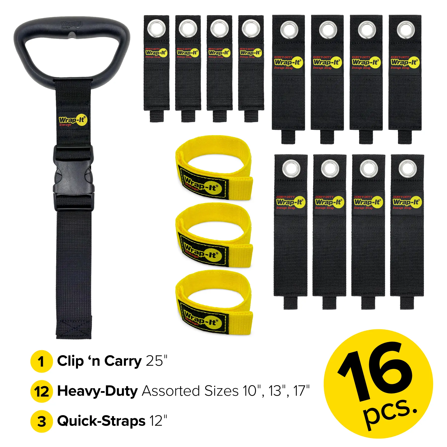 Wrap-It Storage Garage Organization Kit - Assorted 16-Pack - Garage Storage Extension Cord Organizer Cable Straps and Yard Cord Storage for Hose Organizer, Tools and RV Accessories