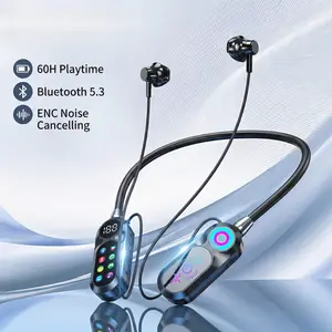 Wireless Neckband Bluetooth Headset - Audio Electronic Earbuds with Real-Time Monitoring, Voice Changer, Long Battery Life, Display Screen, Portable Speaker Lights for Karaoke, Gaming