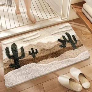Desert Cactus & Beach Pattern Flocked Bath Mat, 2 Counts Non-slip Soft Absorbent Bathroom Rug, Machine Washable Bath Mat for Home Bathroom Living Room Decor, Bathroom Decorative Mat, Bathroom Accessory, Water Absorbent Bathmat, Soft Bath Mats
