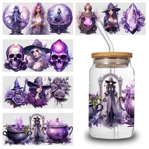 5 Sheets Purple Witch UV DTF Stickers Themed UV DTF Transfer Paper - Waterproof & Scratch Resistant, 3D Crystal Clear Decals for Glass Cups, Mugs, Laptops, Refrigerators