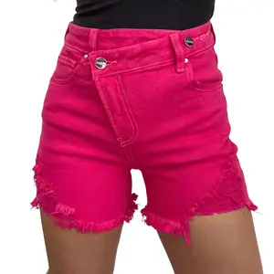 Lindsey Asymmetrical Distressed Shorts- Fuchsia