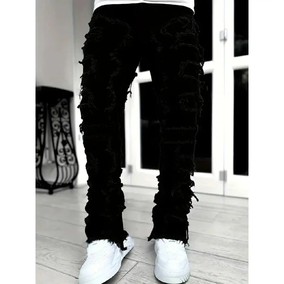 SRETOUU Stylish Men Hiphop Stacked Spliced Washed Slim Jeans Pants High Quality Street Male Distressed Straight Biker Denim Trousers Menswear Streetwear