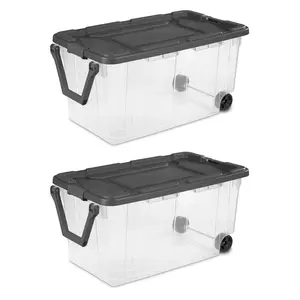 Sterilite 160 Qt Latching Stackable Wheeled Storage Box Container w/ Lid, 2 Pack Organiser Set