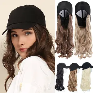 16inch Baseball Cap With Long Curly Hair Extensions For Women Adjustable Hat With Synthetic Hairpiece Attached Wavy Hair Black Baseball Hat Wig For Daily Outings Sports Events Party Wear