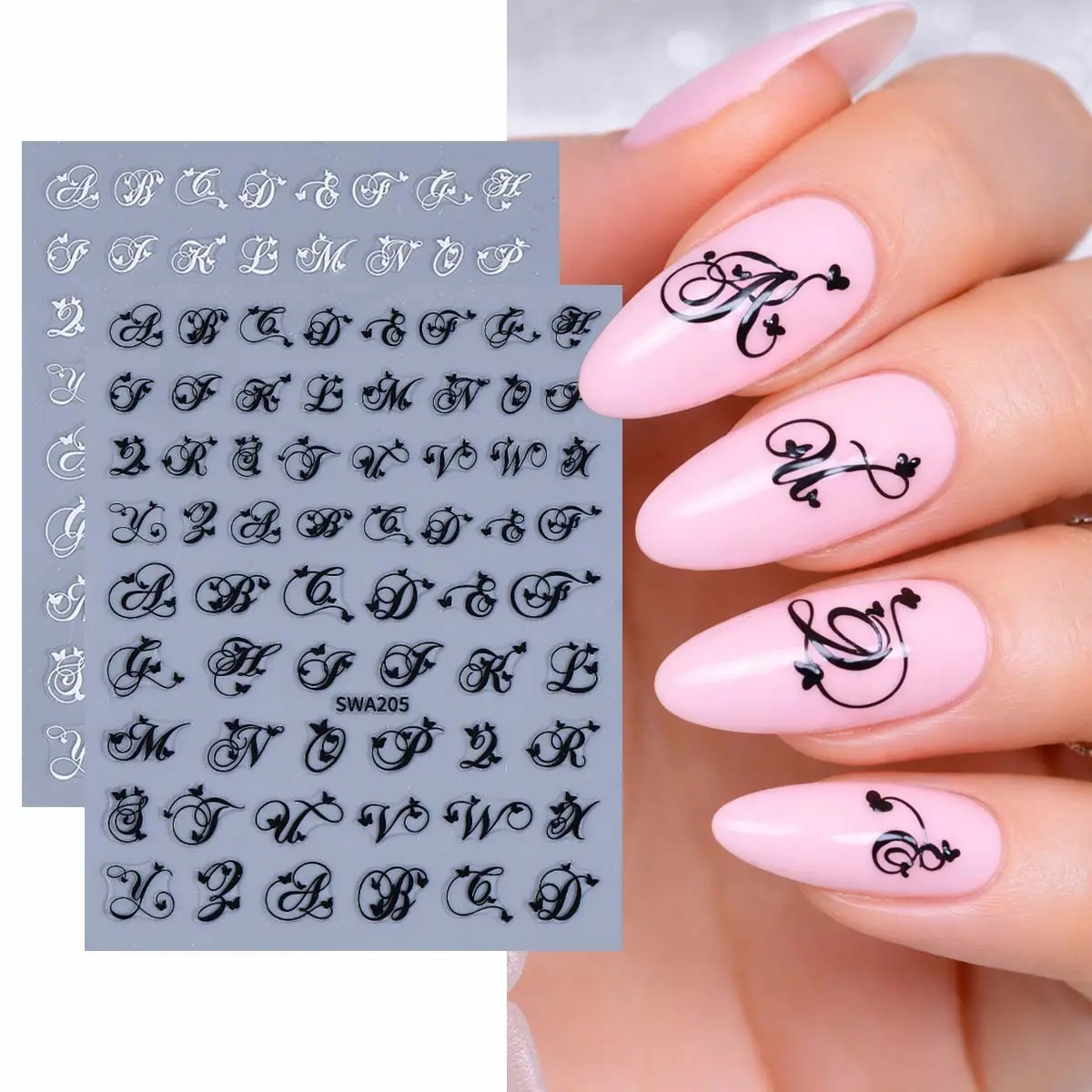 2 Sheets Black White Letter Nail Art Stickers, Floral English Alphabet Designs, Women's Manicure Decorations, Nail Art Supplies, Nail Art Products