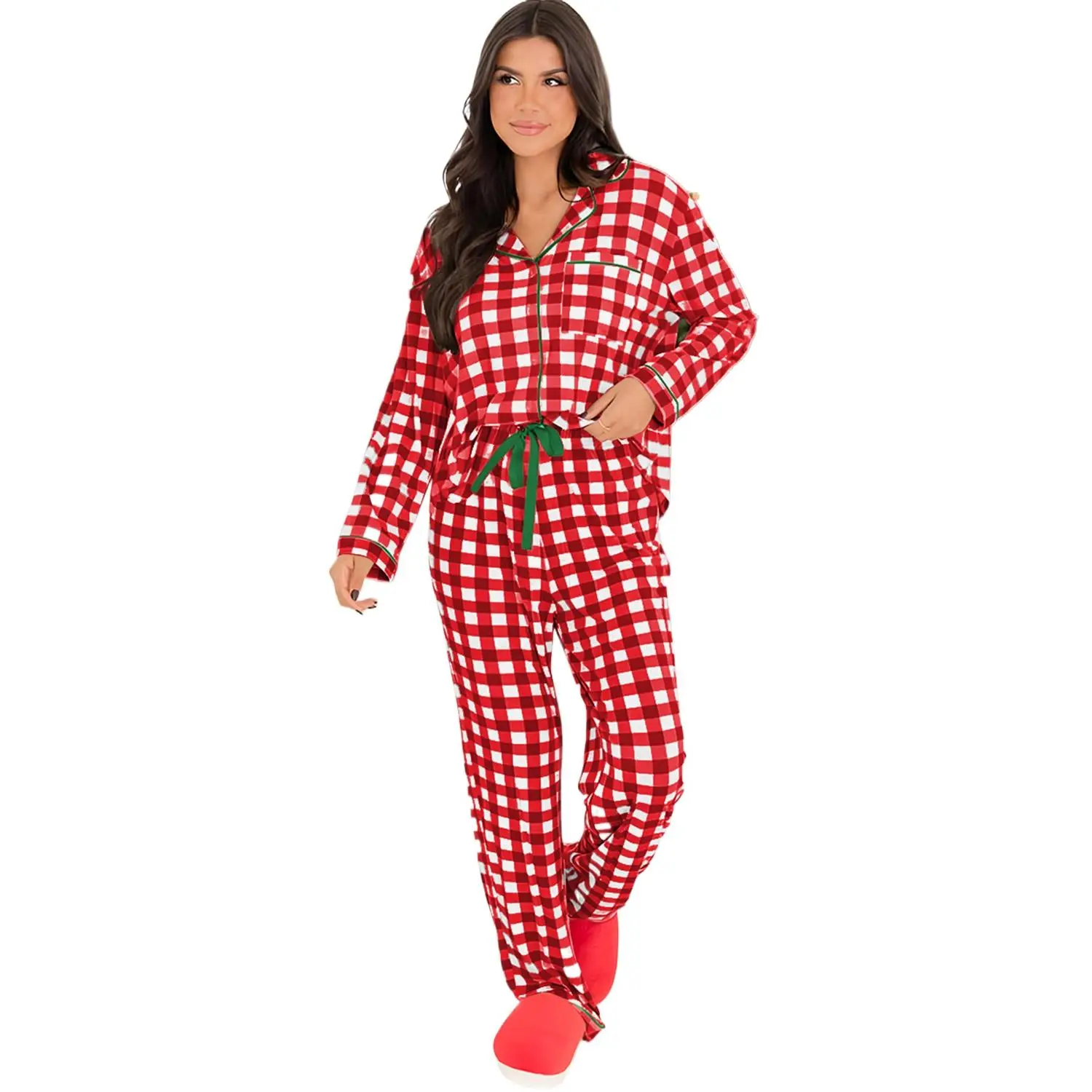 Women's Fiery Red Christmas Plaid Print Pajama Set - Cozy Long Sleeve Shirt and Casual Pants