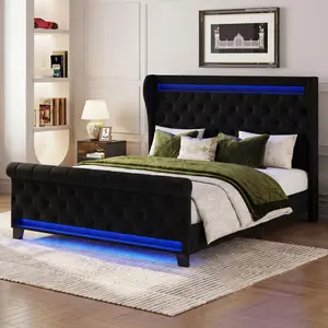 Belffin Queen Size LED Velvet Platform Bed Frame, 50” Tall Upholstered Headboard with USB & Type-C Ports, Button Tufted, Heavy Duty, No Box Spring, Noise-Free – White