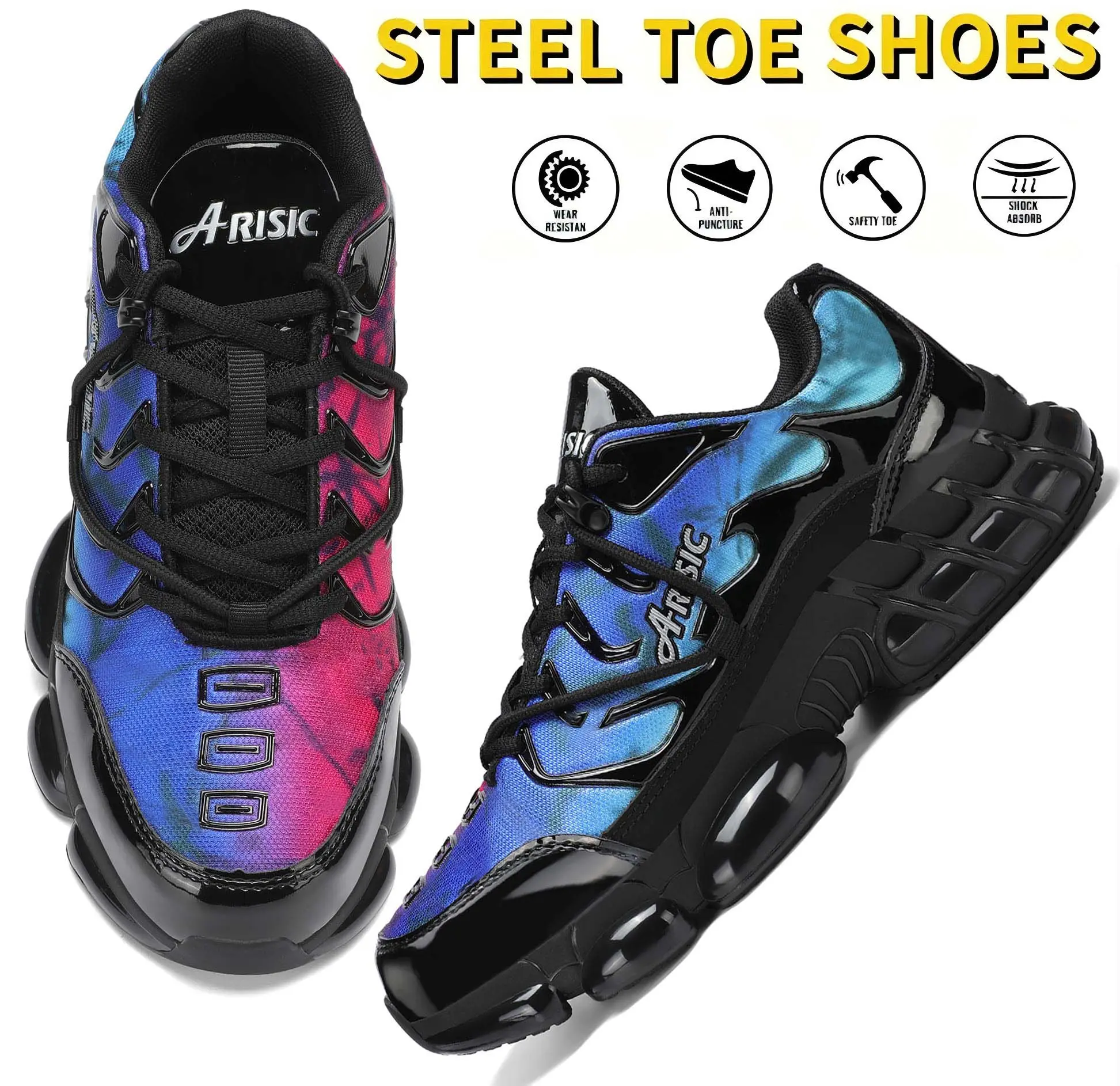 Steel Toe Shoes for Men Women  Colorful Tennis Work Sneakers Lightweight Puncture Proof Safety Sneakers Comfortable Safety Shoes Colorful Tennis Work Shoes Black Closed Footwear