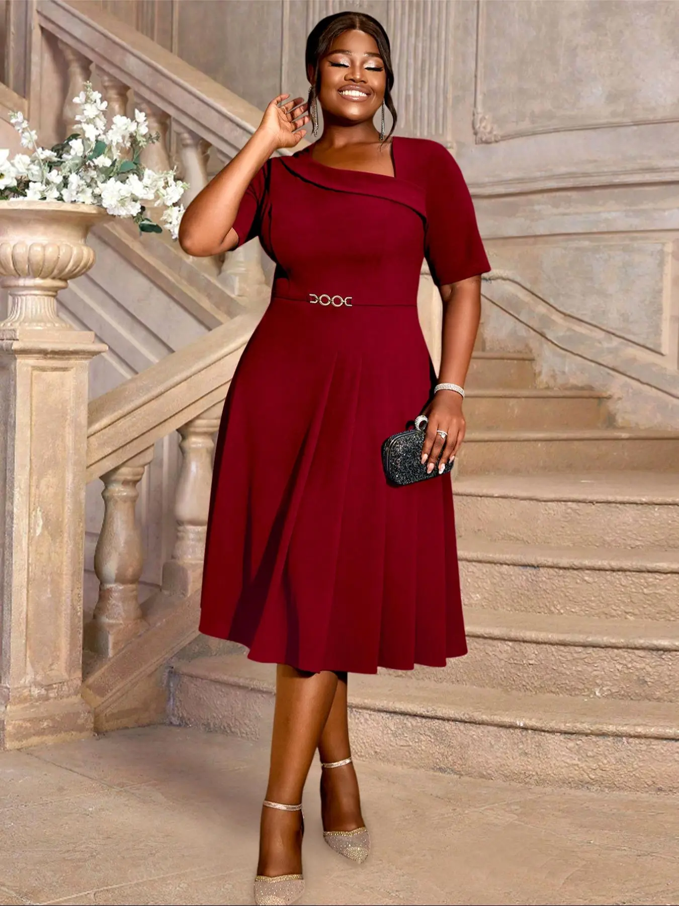Plus Size] Asymmetrical Neck Pleated Skirt Dress, Elegant 