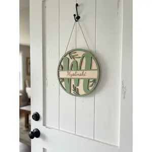 Name Letter Wood Door Sign Wall Sign Botanical Leaves Boho Farmhouse Personalized Custom Family Name Housewarming Sign