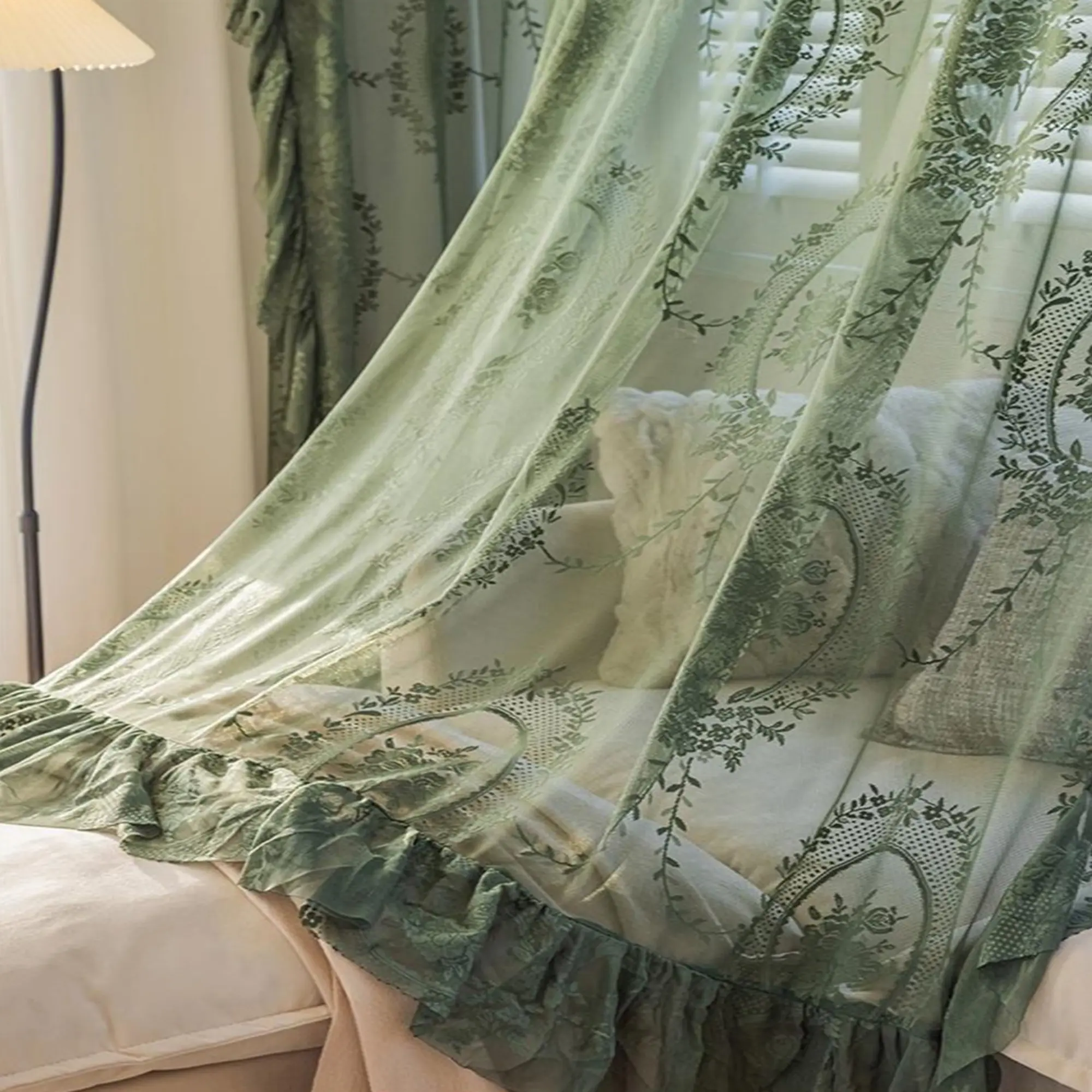 1pc Cute Boho Lace Sheer with Floral Embroidery, Wrinkled Design, Rod Pocket, Perfect for Home Decor, Single Piece, Room Decor Curtain, Home Decoration Curtain, Window Curtain, Embroidered Curtains