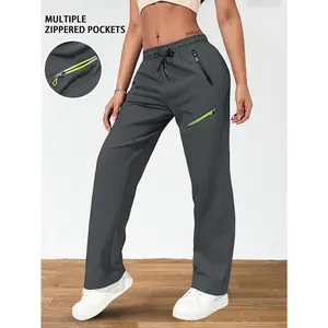 Lightweight Women's Athletic Casual Pants, Drawstring Waist, Four Zippered Pockets, Gradient Pocket Design, Suitable for Daily Casual Wear and Outdoor Sports Jogging