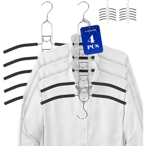 4 Pack 5-in-1 Anti Slip Stainless Metal Clothes Hange,Space Saving Thin Shirt Hangers,Multi Layers Magic Sweater Hanger,Used for Wardrobe Organizer or Vacation and Business Trips