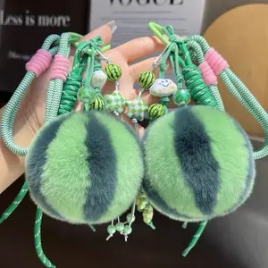 Women'S Cute Fluffy Ball Keychain |       Soft Plush Watermelon Slice with Seed Texture, Pastel Green & Pink, Durable Charm for Bags & Keys, Birthday Gift for Teens, Summer Party Favors, C Hook Closure