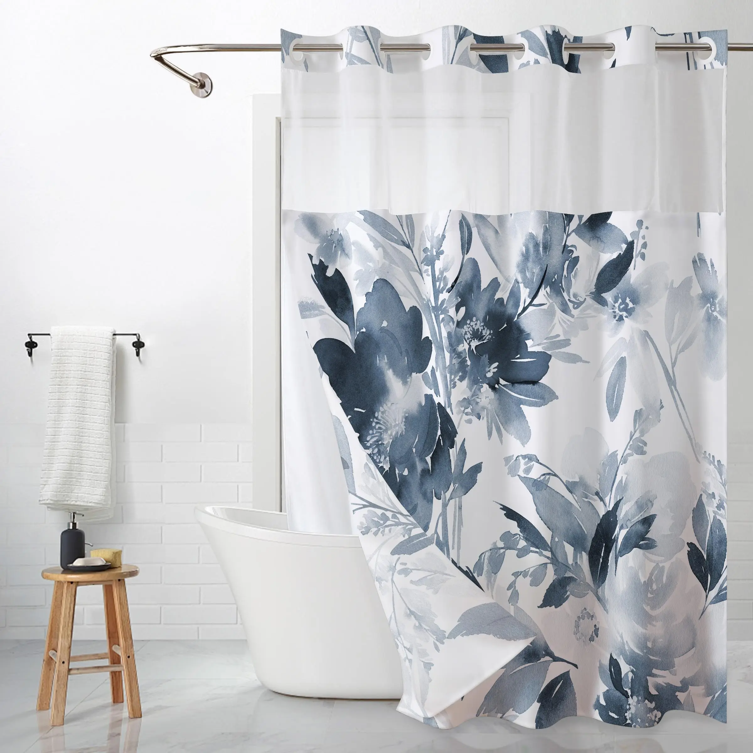 Floral Printed Shower Curtain, 1 Count Waterproof Shower Curtain with Removable Liner, Bathroom Decor Supplies for Home Hotel Salon Dormitory