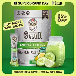 Salud 2-in-1 [Energy + Focus] Clean Energy Drink Mix, Agua Fresca,  Organic Caffeine, B6 & B12, L-Theanine, Drink Packets, Non-GMO, Gluten Free, Vegan, Low Calorie, 1g Sugar (15 Servings),summerwins