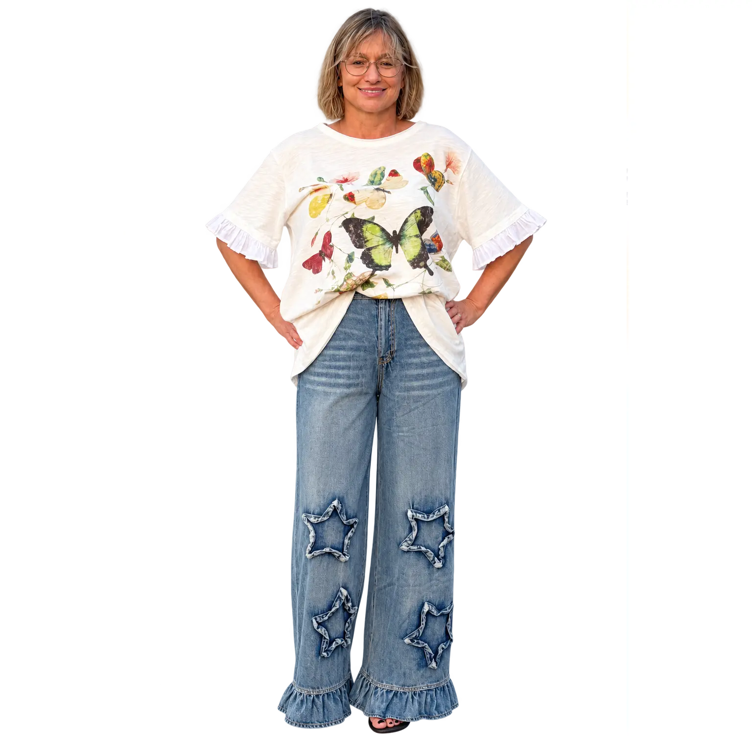 Ruffled Star Patch Denim Pants