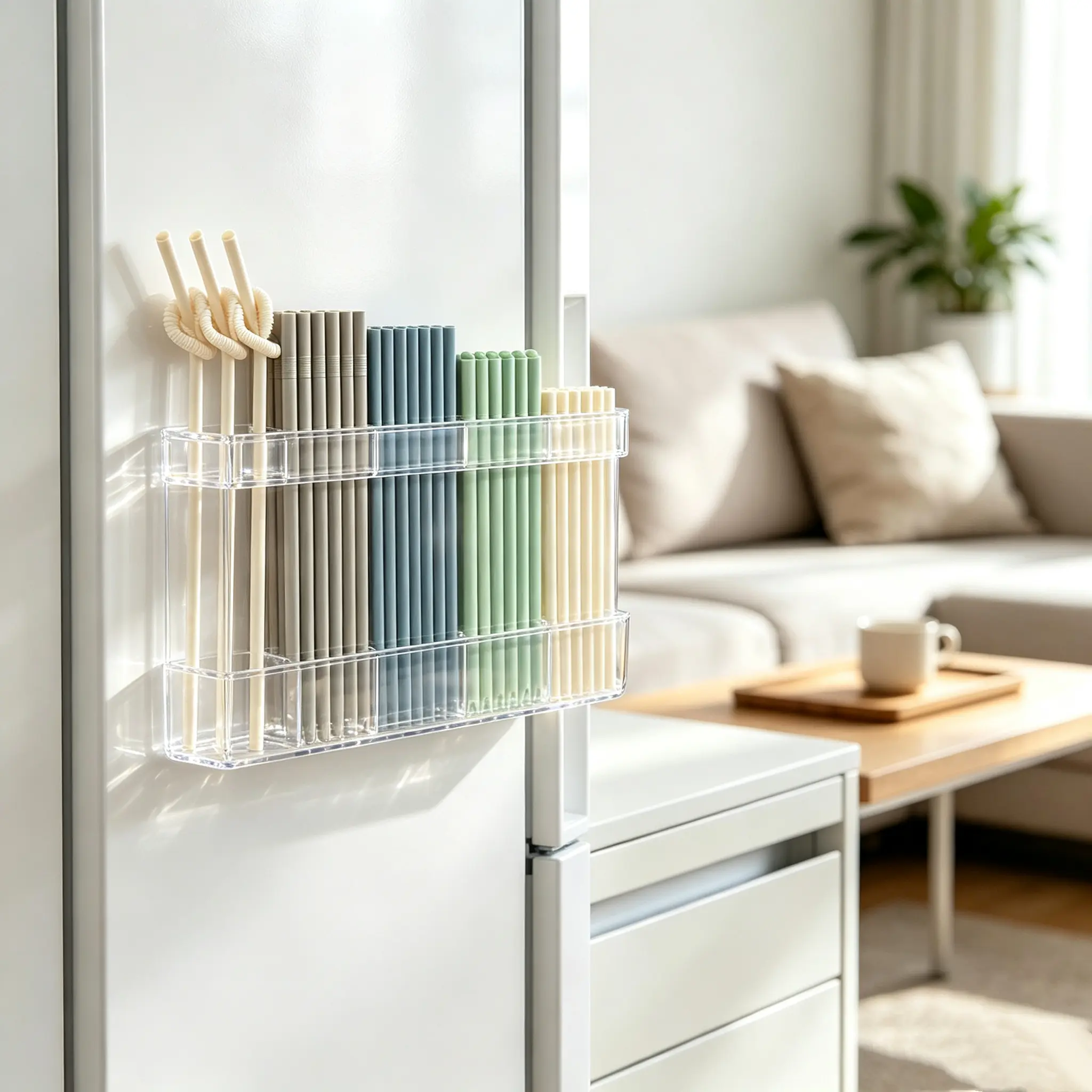 No Drill Acrylic Wall Mount Straw Storage Holder With Strong Adhesive, Multifunctional Reusable Straw Organizer For Kitchen Cabinet Doors & Countertop, Space Saving Kitchen Utensil Storage Rack