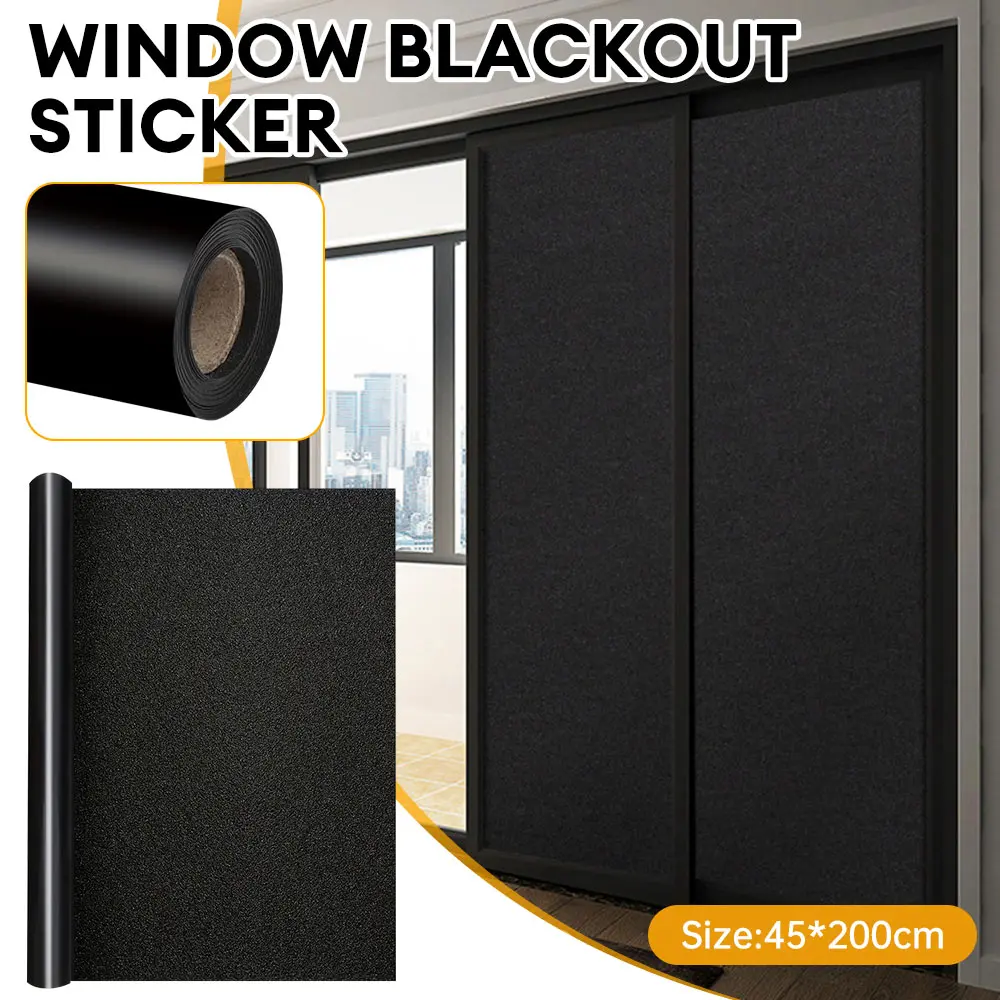 Static Cling Blackout Window Film, No Glue Frosted Black Privacy Tint 45×200cm, Removable & Cuttable for Bedroom
