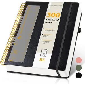 B5 Spiral Notebook Journal 7.6" x 10", 300 Numbered Pages Hardcover Leather Journals for Women Men, Large Lined College Ruled Notebooks, 100GSM Thick Paper, Spiral Bound Journal for Work School, Black