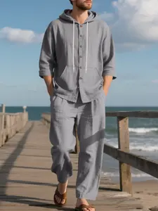 Men's Fashion Two-Piece Set, Trendy Linen Hoodie & Long Pants, Spring & Fall Woven Fabric, Ideal for Daily Wear