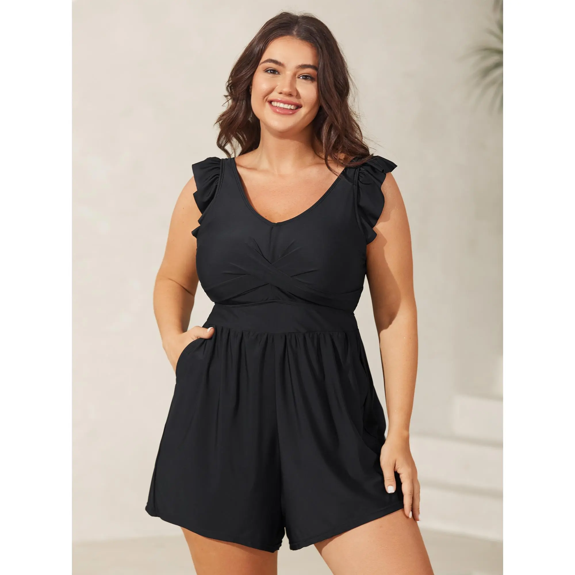 BLOOMCHIC Women's Plus Size Tummy Control Swimdress Bathing Suit - Summer Patchwork Contrast Crossover, Bodycon Cut, Stretch Fabric, Built-In Shorts, Pockets, M-6X Modest Curvy Clothing, Swimwear for Women, Modest Swimwear, Tummy Control Swimwear