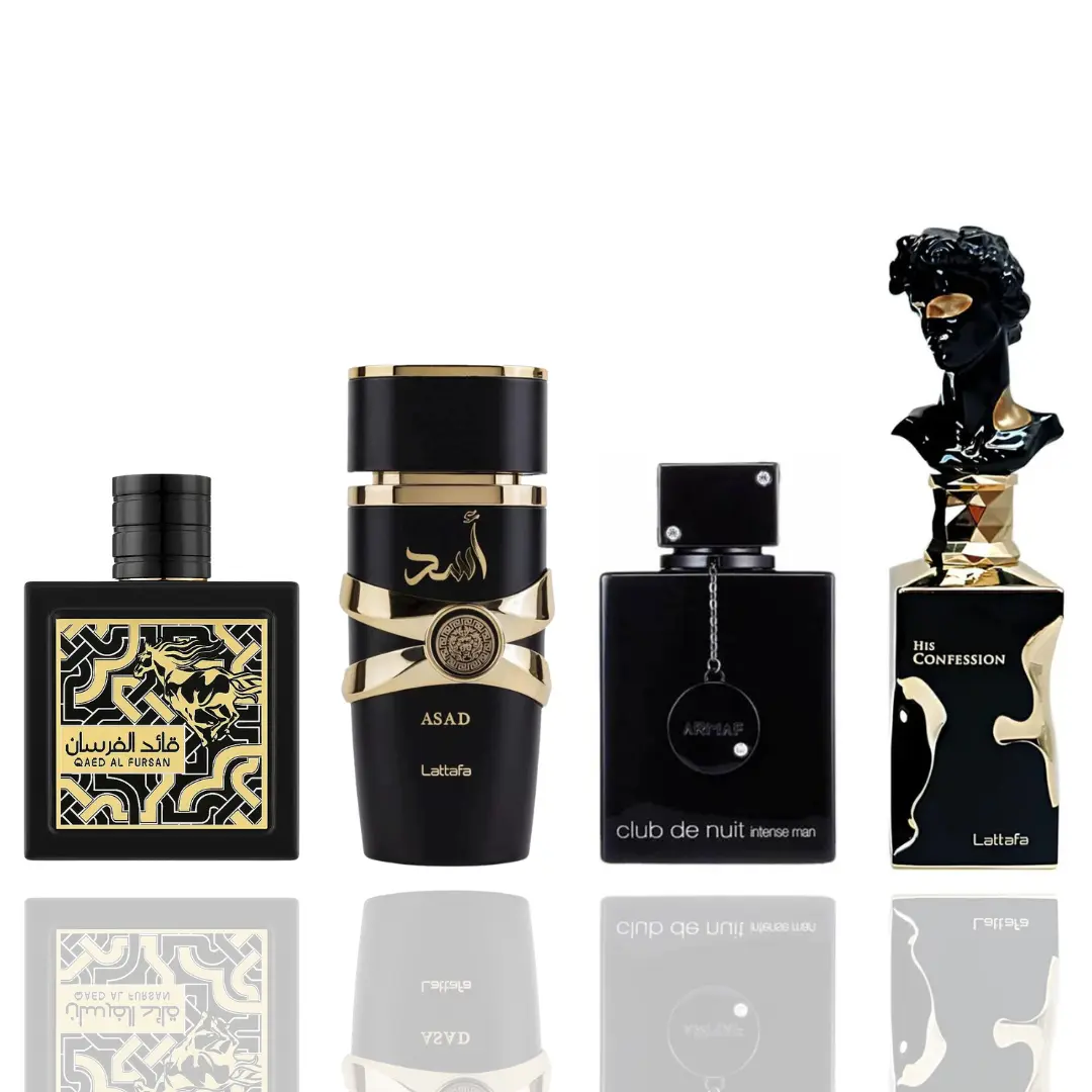 Lattafa Gold Edition Men's 4-Piece Fragrance Set - Full-Size Colognes Bundle: Asad, Qaed Al Fursan, Club de Nuit Intense, His Confession for Free Layering