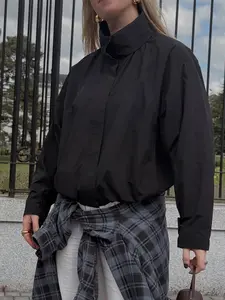 Ladies Winter Coats And Jackets Black Stand Collar Jacket Oversized Windbreaker Hidden Placket Streetwear Women's Casual Outerwear Casual Fitted Jacket