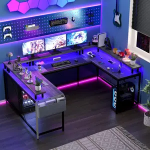Gray Versatile U-Shaped Computer Desk with Power Outlets & RGB LED Lights – 78-Inch Reversible L-Shaped Office Desk with Monitor Stand & Ample Storage for Gaming and Work Adjustable Height Display