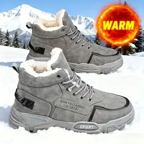 Men's Winter High-Top Lace-Up Snow Boots - PU Upper, Round Toe, Thick Plush Lining, High-Top Ankle Hold, PVC, Solid, Non-Slip, Durable, Comfortable, Fashionable Footwear for Outdoor Hiking, Casual Sports