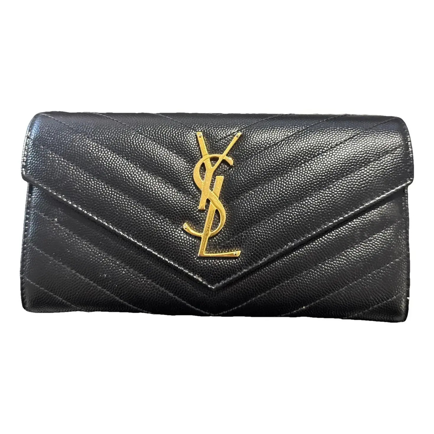 Pre-owned Yves Saint Laurent leather Shoulder Bags Saint Laurent Grain De Poudre Matelasse Chevron Monogram Flap Wallet Black Z 1191