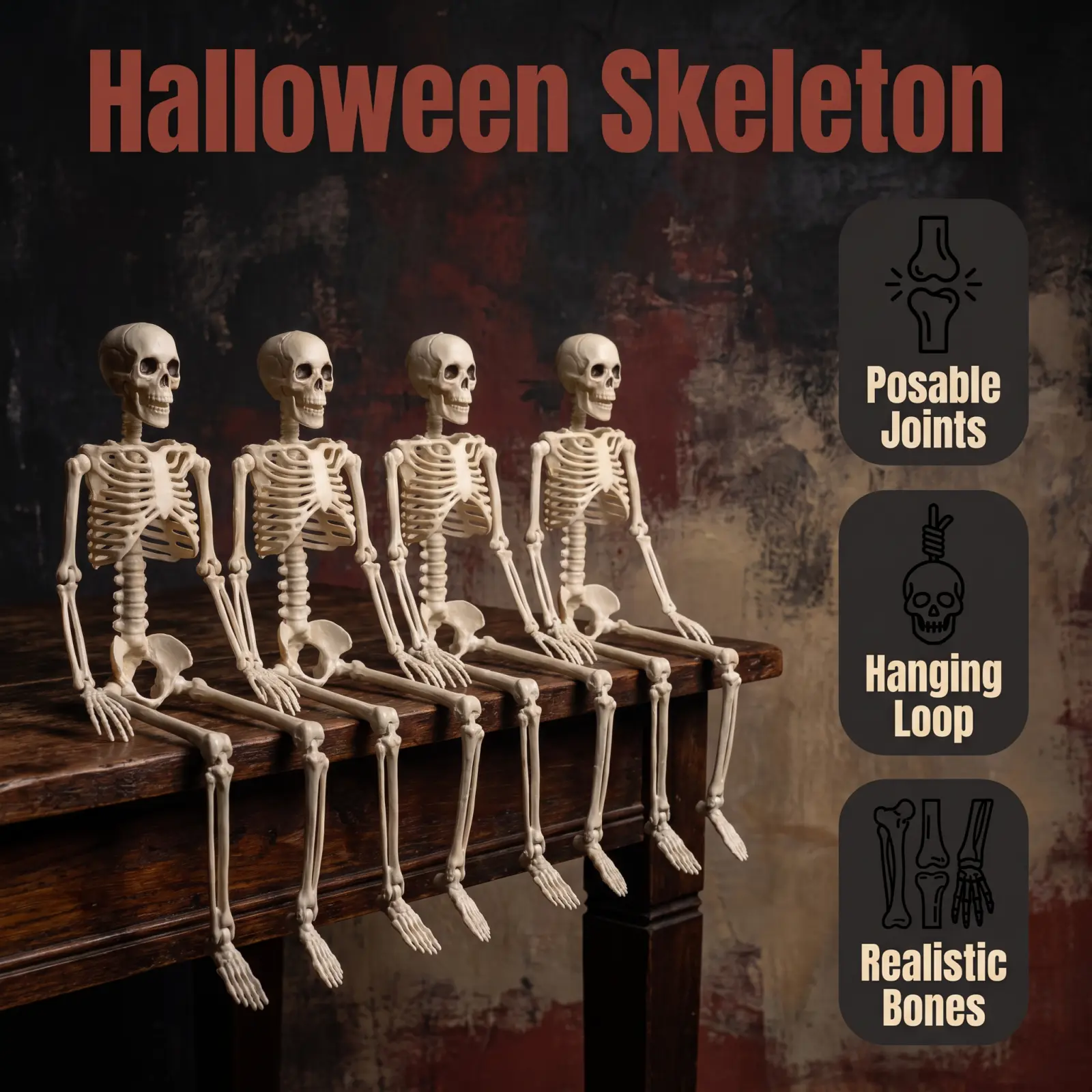 5-Piece Creepy Plastic Hanging Full-Body Skeleton Decorations, 16-in Mini Movable-Joint Spooky Props for Halloween, Indoor-Outdoor Haunted House Home Festive Decor