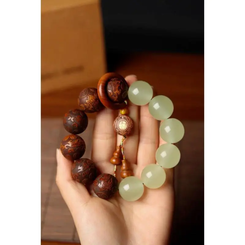 Unisex Natural Huanghuali Wood Engraved Beaded Bracelet - Luminous Single-Circle Buddha Beads with Pixiu Motif, Casual Daily Wear Fashion Costume Jewelry (Matching Pair Option)