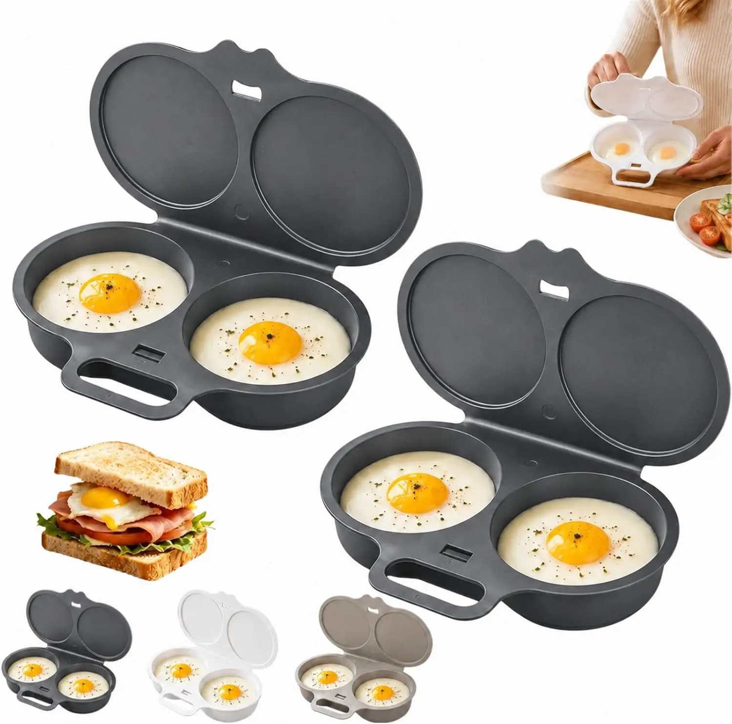 Dual-Cavity Microwave 2-Egg Poacher - Non-Stick Cookware Accessory with Lid, Handle and Tongs for Quick Oil-Free Cooking.