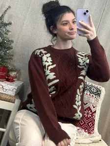 Gingerbread Latte Leaf Knit Sweater | Cozy Christmas Sweater Women | Winter Cable Knit Pullover | Holiday Aesthetic Outfit