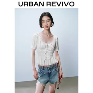 URBAN REVIVO Shirred Bow Décor Blouses UYL250071 Casual Outfit 2025 Women Clothing Girl Elegant Fashion Trendy and Versatile OOTD