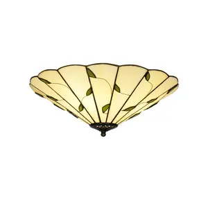 Aeyee Stained Glass Flush Mount Ceiling Light Fixture, Tiffany Style Ceiling Light, 15.7 inches Round Ceiling Lamp with Leaf Glass Shade for Bedroom, Entryway, Foyer