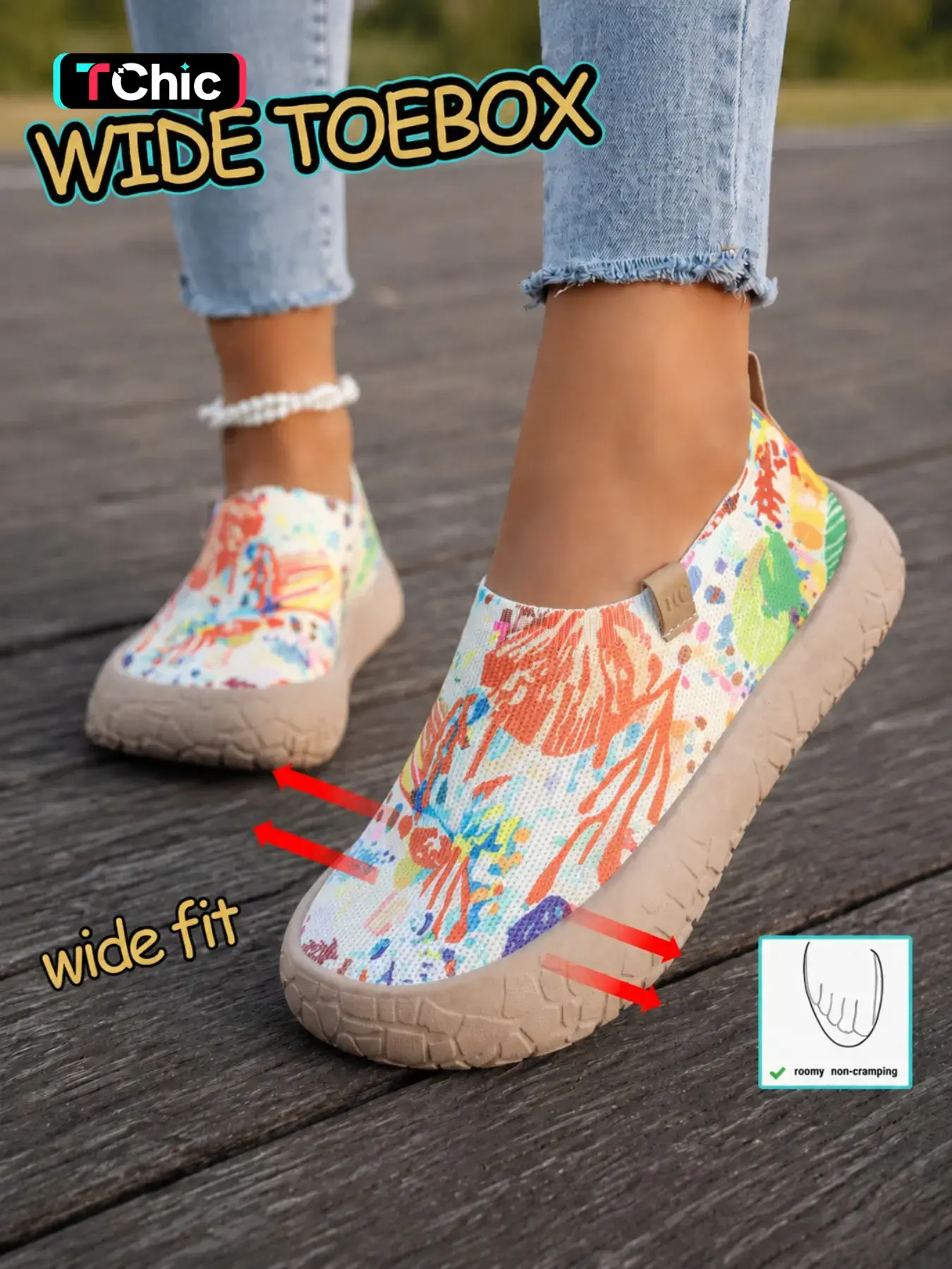 Watercolor Floral Boho Breathable Knit Casual Summer Footwear Flat Shoes, Comfort Wide Fit Slip-On, Beach Vacation Music Festival Daily Wear