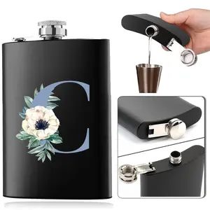 8oz Flower Pattern Metal Hip Flask, 1 Count Letter Pattern Whiskey Wine Bottle with Cup, Leak Proof Alcohol Bottle, Portable Outdoor Drink Ware Accessories