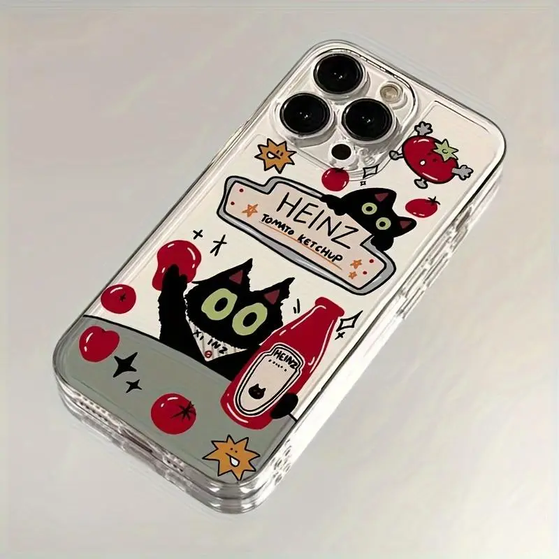 A novel, creative, and cute soft phone case with a transparent tomato and black cat design, suitable for iPhone 11 to 16 Pro Max series. T124