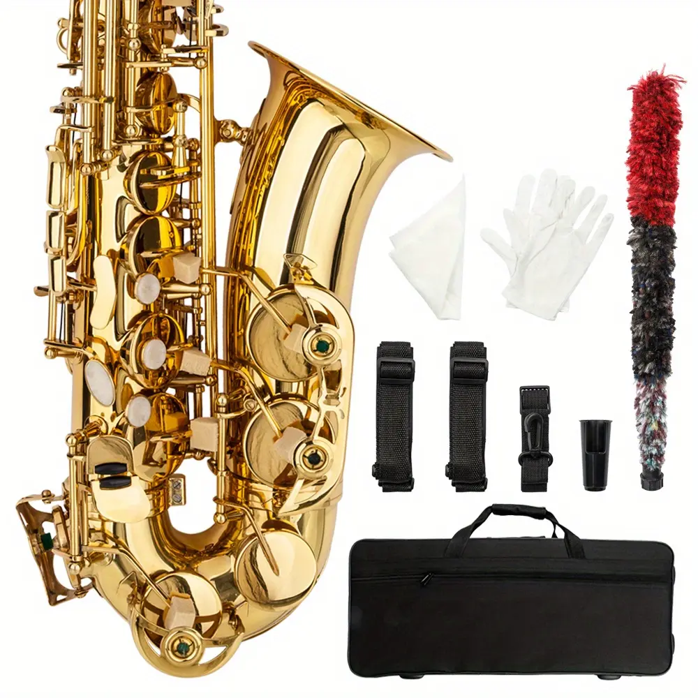 Mid-Range Stylish Lacquered Golden Brass Alto Saxophone with Drop E Key, Golden Carved Tube