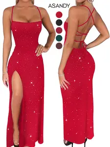 ASANDY Women's Sequin Knitted Long Dress - Off-Shoulder Thin Straps Cross Back High Slit Pencil Dress for Christmas Party Evening Clubwear