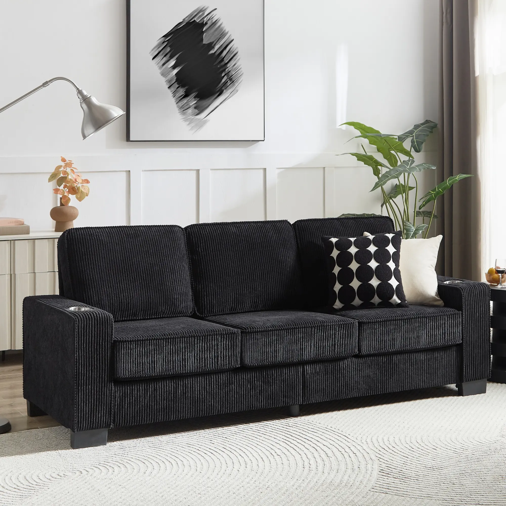 83.86" Couch Sofa with Extra Deep Seat, Modern Corduroy Fabric Sofa Cloud Couch with 2 Cup Holders, Comfy Upholstered 3 Seater Sofa Bed Couches for Living Room, Apartment, Office, Black
