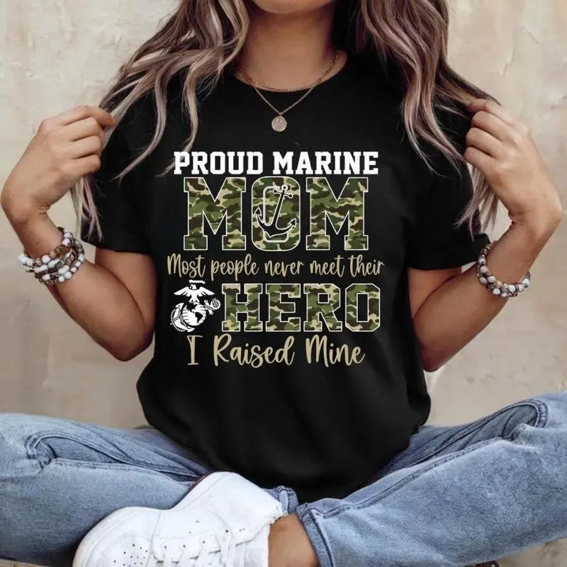 Women's Fashion Love Marine Mom Graphic T-Shirt - Soft Cotton Oversized Short-Sleeve Round Neck Casual Top, Military Pride Streetwear Gift, Machine Washable, Halloween, All Seasons A-Type Tee