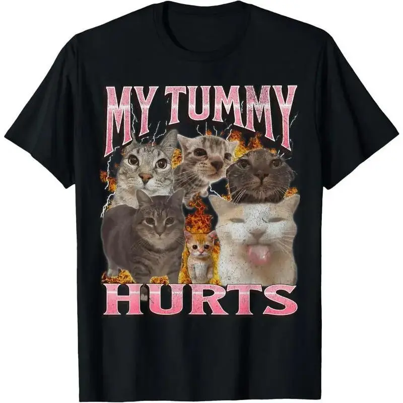 My Tummy Hurts Funny Cat Meme Cotton T-Shirt, Bootleg Graphic Tee for Men and Women, Unisex Crewneck Short Sleeve, Soft Casual Cotton Streetwear Fabric, Viral Internet Humor Shirt, Cute Kitty Graphic Design, Everyday Wear Gift