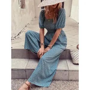 Women’s ditsy floral puff-sleeve square-neck wide-leg jumpsuit with pockets, boho one-piece comfort jumpsuit for outdoor beach vacations, Summer 2024