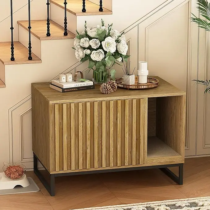[Summergarden] Vabches Modern Litter Cabinet, Hidden Litter Box Enclosure Furniture with Scratch Pad, Storage Cat Washroom End Table for Living Room Use