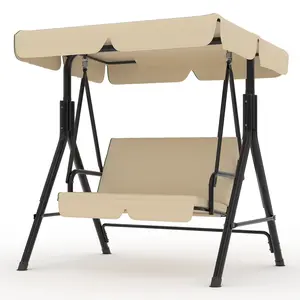 3-Seat Outdoor Porch Swing with Adjustable Canopy and Stand, Heavy Duty Metal Frame Patio Swing for Adults – Perfect for Garden, Backyard or Poolside