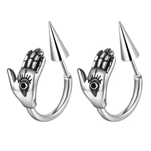 OIDEA Hamsa Hand Evil Eye Spike Stud Earrings - Halloween Themed, Anti-Rust Stainless Steel, Gothic Punk, Hypoallergenic Black Spikes Gun Metal H-Shaped Earrings for Men Women Silver, Halloween Themed Earrings